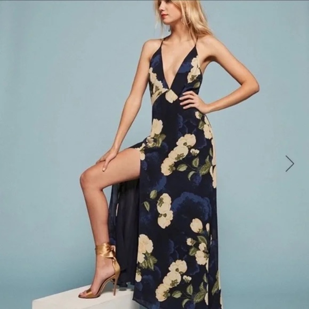 Reformation Blue and Gold Maxi Dress with Slit